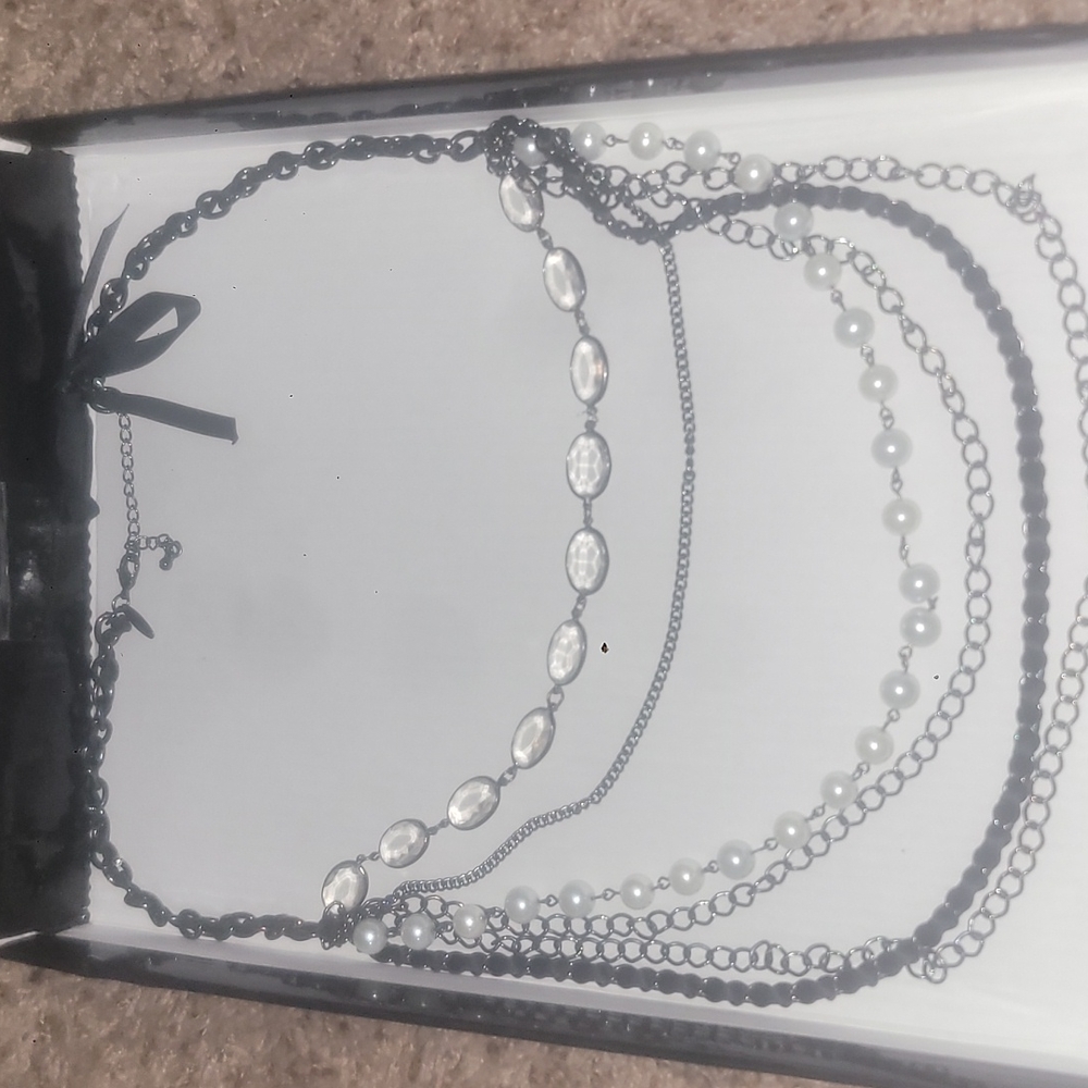 NEW YORK long necklace  with 6 stands 1 with faux pearls rest chains or beads